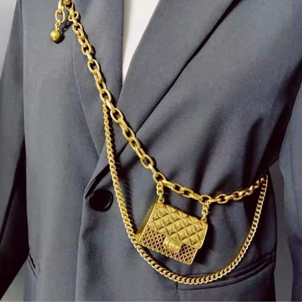 Mini Double Fashion Tassel Gold Chain Belt with mini Bag - Picture 3 of 16